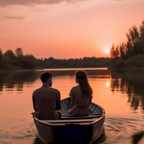 A couple sits in a boat on a serene lake, enjoying a sunset with trees and calm water surrounding them, creating a romantic atmosphere.