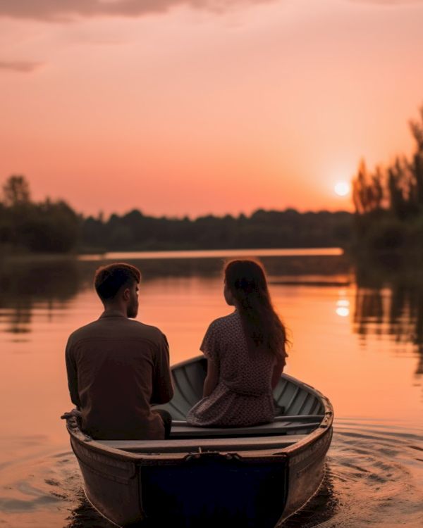 A couple sits in a boat on a serene lake, enjoying a sunset with trees and calm water surrounding them, creating a romantic atmosphere.