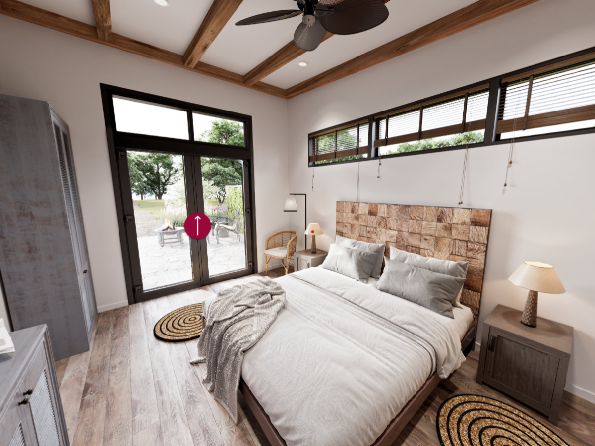 A cozy, modern bedroom with wooden ceiling beams, a bed, nightstands, a wardrobe, and a view to an outdoor patio.